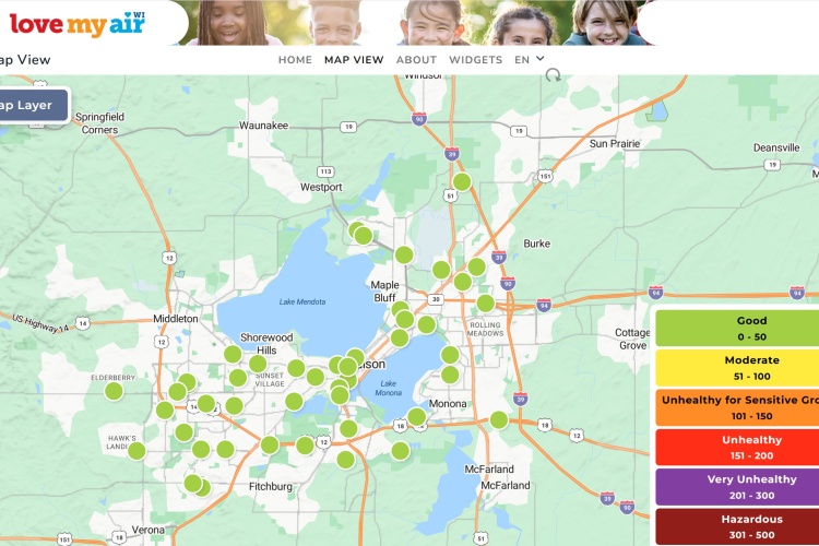 A screen shot of the Love My Air website showing the map of the City's air quality sensor network.
